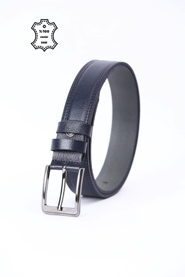 100% Genuine Leather Men's Denim Fabric Belt Navy Blue 3.5cm Buffalo Leather