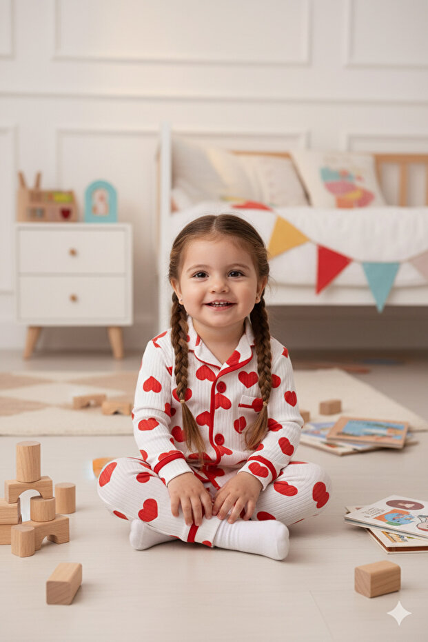 Girl's and Baby's Hearted Buttoned Pajama Set