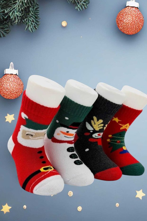Children's 4 Pairs of New Year's Patterned Towel Socks Colorful