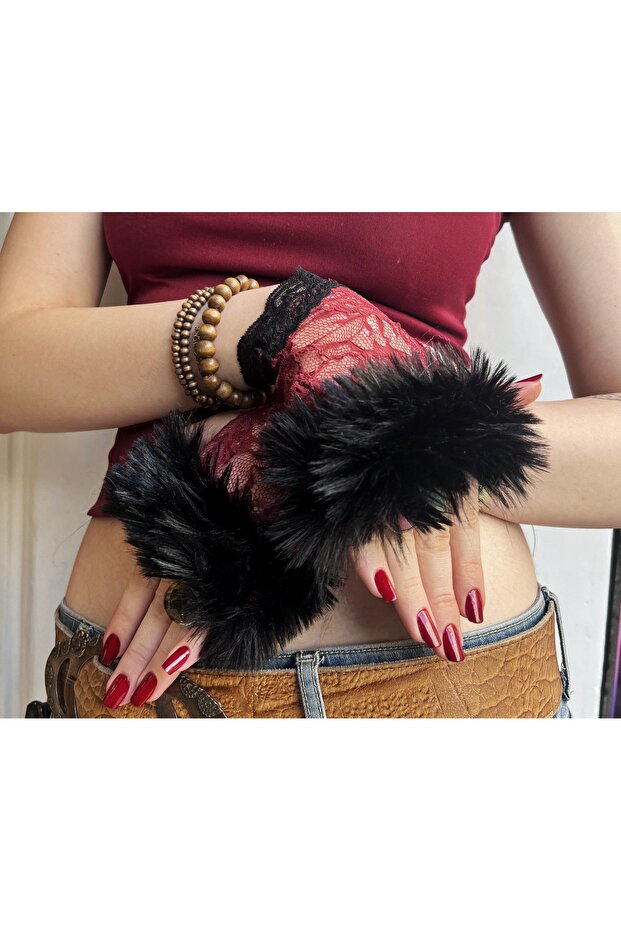 Gotik Tüylü Dantel Eldiven - 1