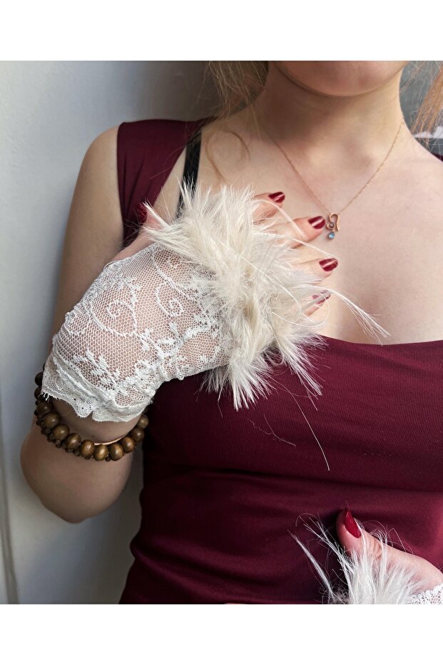 Gotik Tüylü Dantel Eldiven - 3