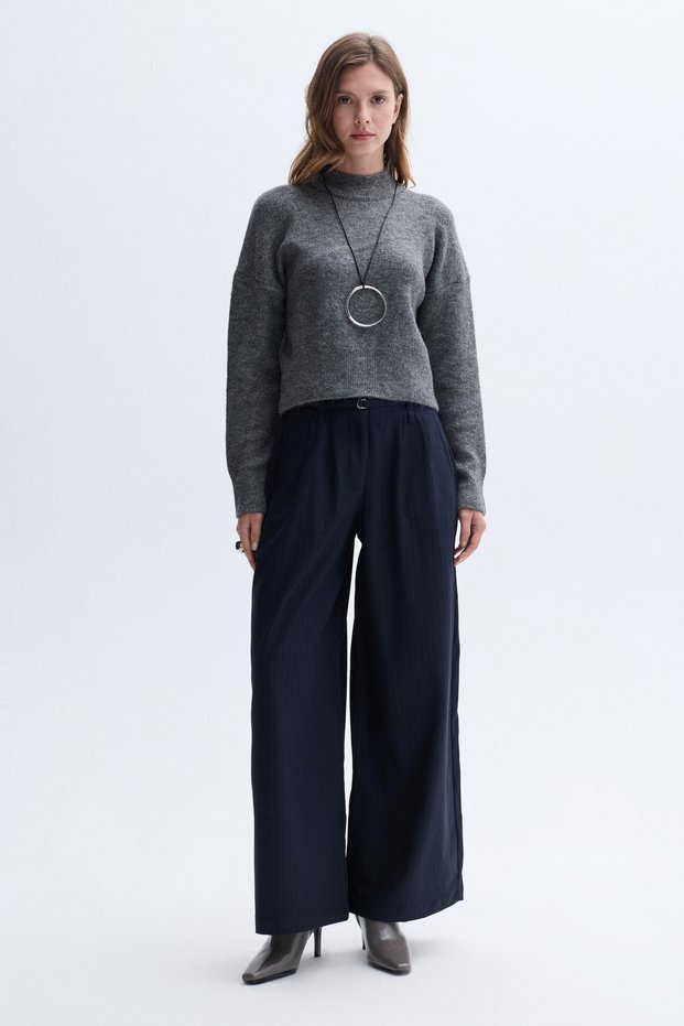 Women's Navy Blue Striped Wide Leg Trousers with Belt Detail