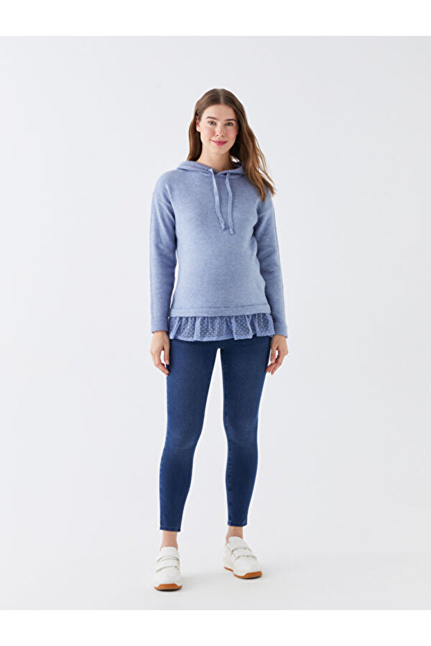 Kapüşonlu Düz Uzun Kollu Hamile Triko Kazak - 2