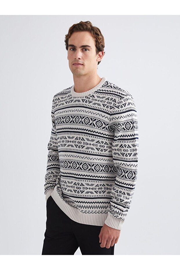 Crew Neck Patterned Men's Knitwear Sweater (W5)