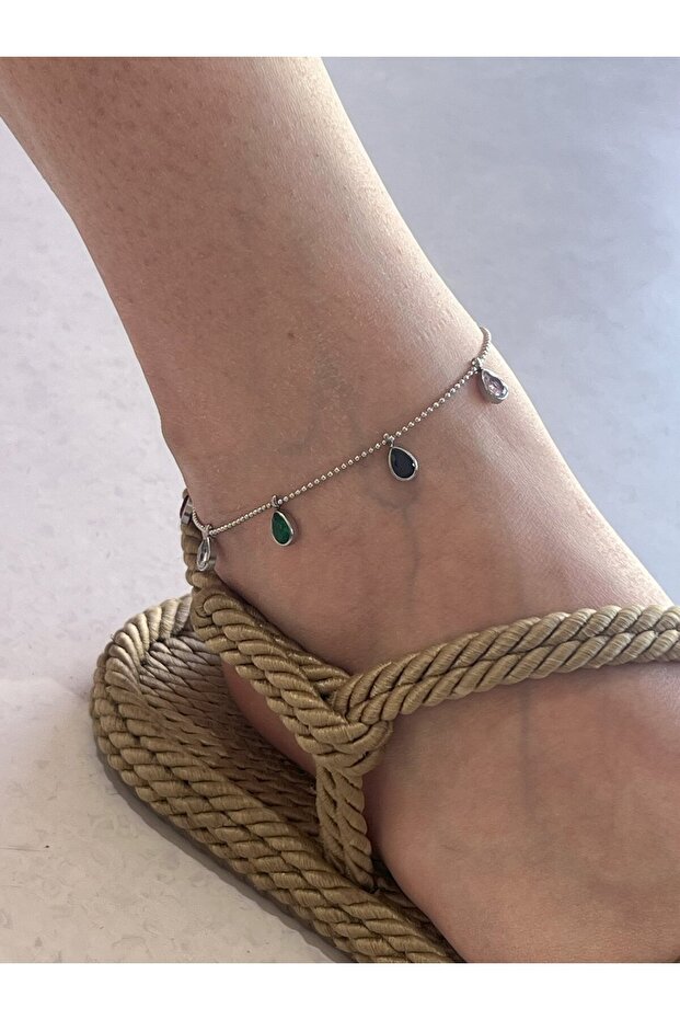 Drop Stone Anklet - Silver - 2