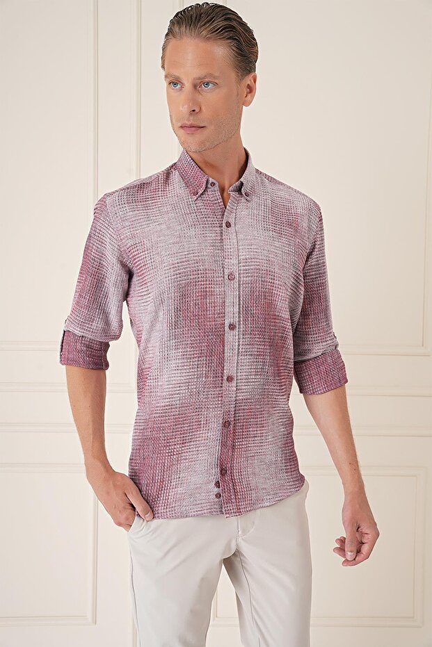 Men's Comfort Fit Batik Pattern 100% Linen Claret Red Shirt g 1571