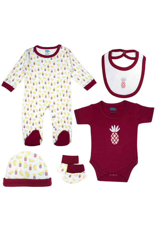 5 piece Sets include Bib, Romper, Mittens, Cap and Sleepsuit, 6-9 Months , Maroon