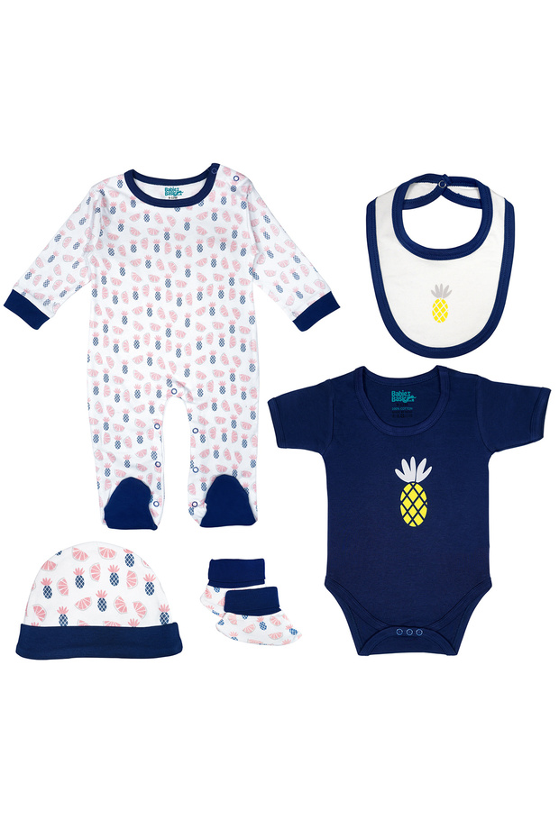 5 piece Sets include Bib, Romper, Mittens, Cap and Sleepsuit, 6-9 Months , Blue