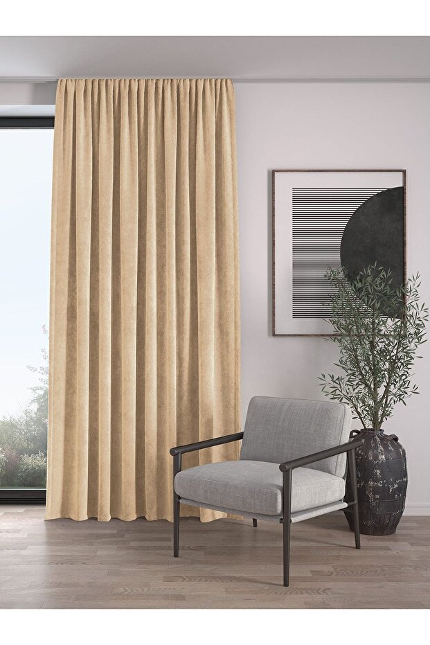 Velvet Textured Extrafor Gathered Sand Beige High Quality Background Curtain Single Wing