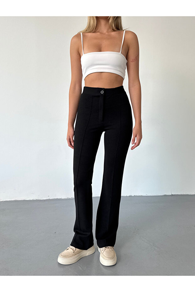 Women's Black High Waist Ribbed Flared Leg Palazzo Trousers
