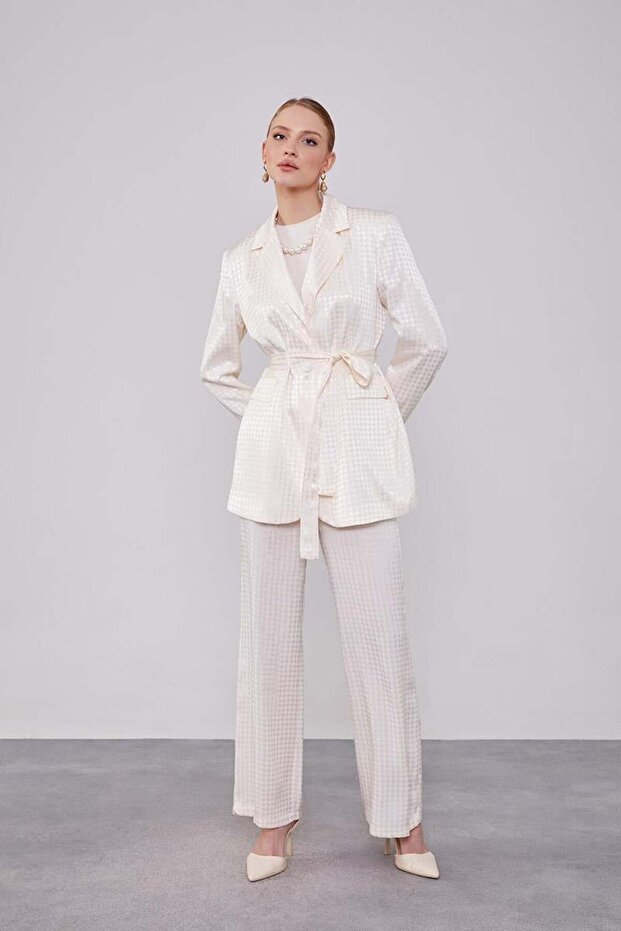 Ecru Houndstooth Pattern Jacquard Jacket Set - 1