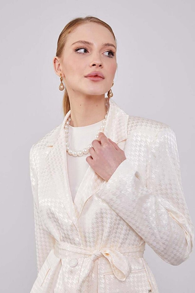 Ecru Houndstooth Pattern Jacquard Jacket Set - 5