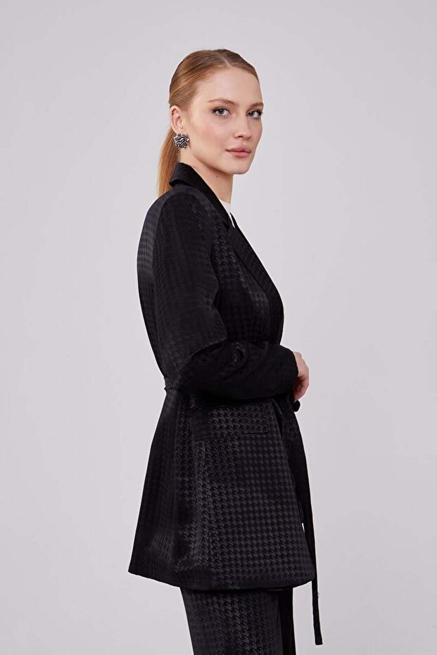Jacquard Patterned Black Houndstooth Jacket Set - 3