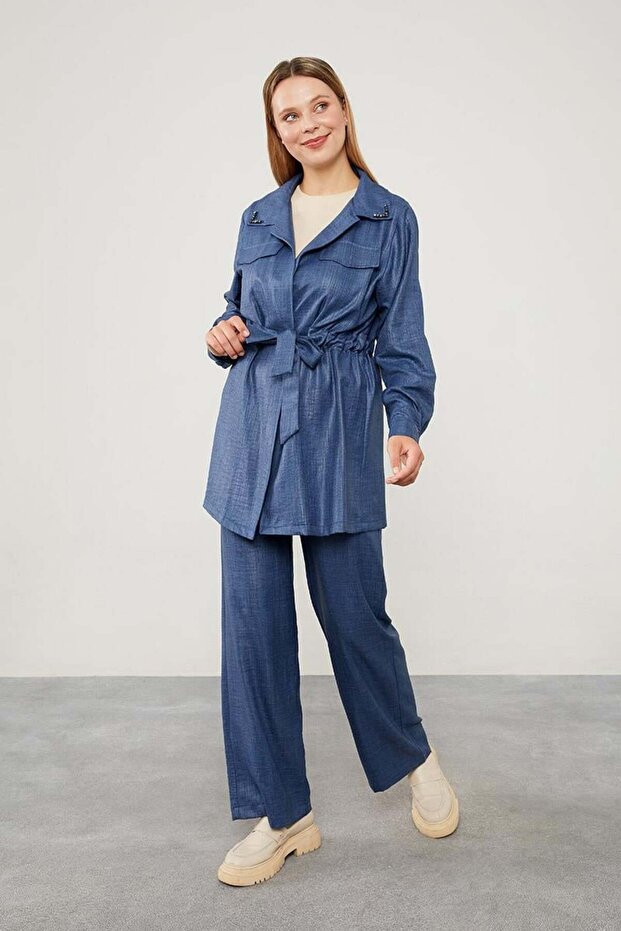 Indigo Collar Stone Embroidered Jacket Set