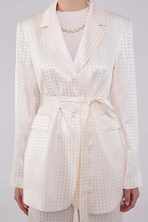 Ecru Houndstooth Pattern Jacquard Jacket Set - 4