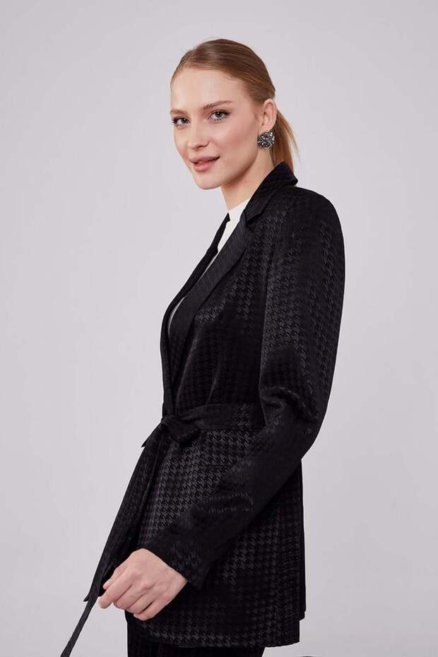 Jacquard Patterned Black Houndstooth Jacket Set - 5