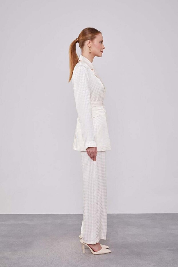 Ecru Houndstooth Pattern Jacquard Jacket Set - 3