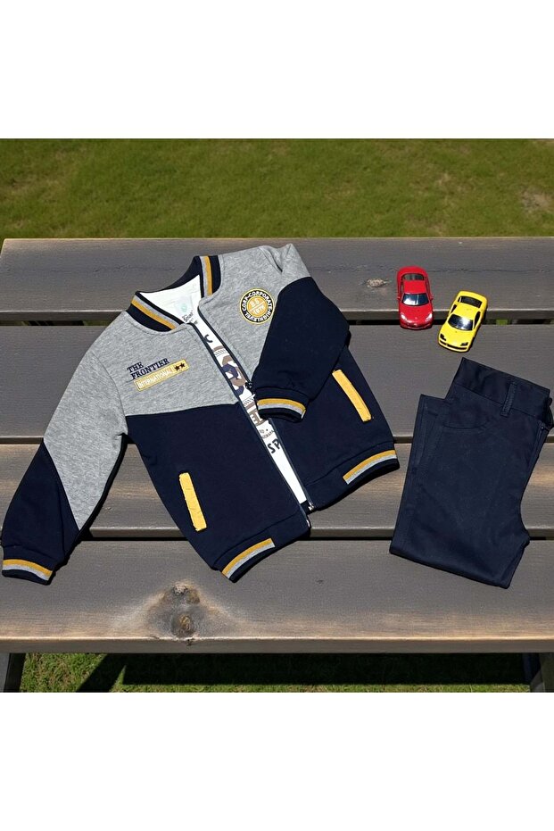 Fleece-Lined Kolej Montlu Bs Printed Sweat Three-Piece Bottom-Up Set Dark Blue