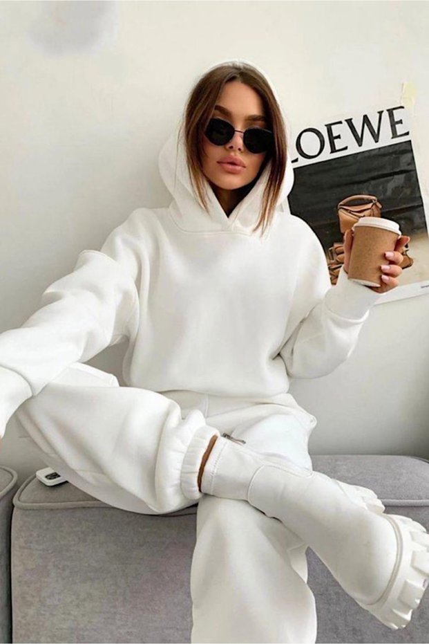 White Thick Hooded Bottom Top Tracksuit Set
