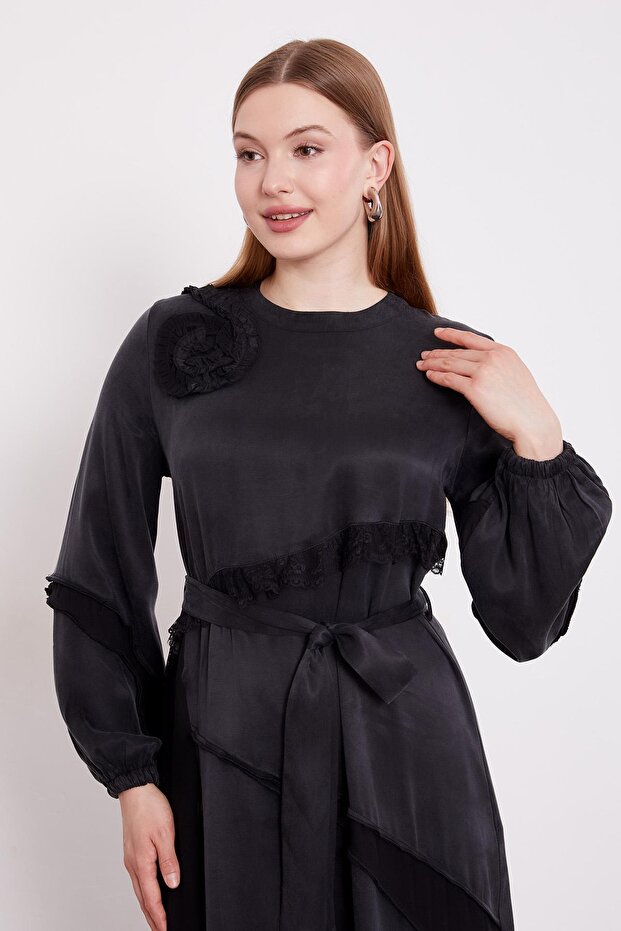 Siyah Dantel Şeritli Cupra Elbise - 4