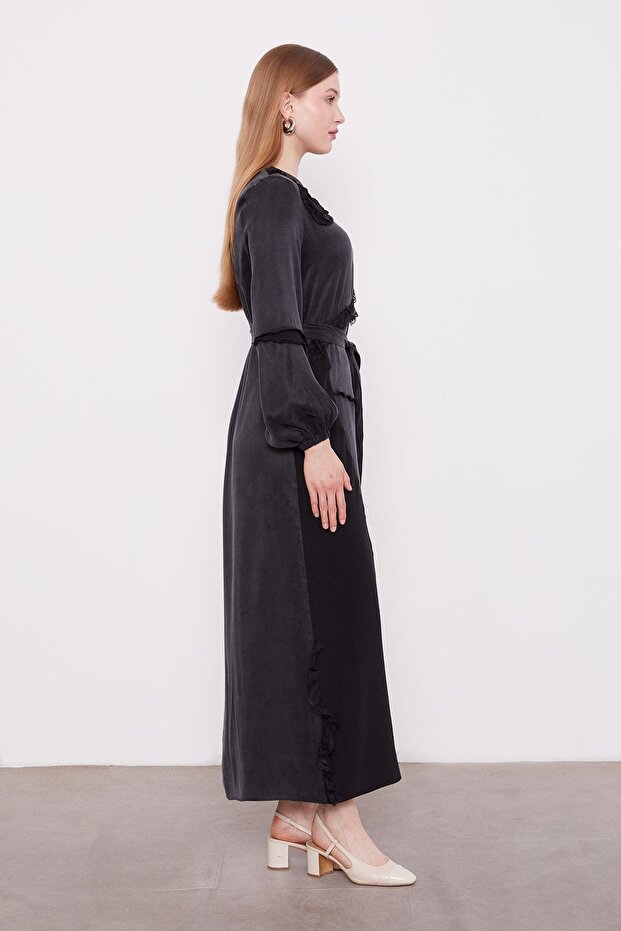 Siyah Dantel Şeritli Cupra Elbise - 3