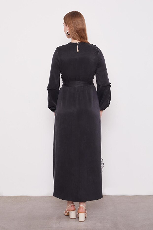 Siyah Dantel Şeritli Cupra Elbise - 6