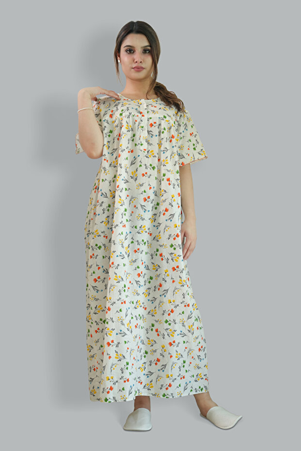 Printed Cotton Multicolor Nighty - Round Neck