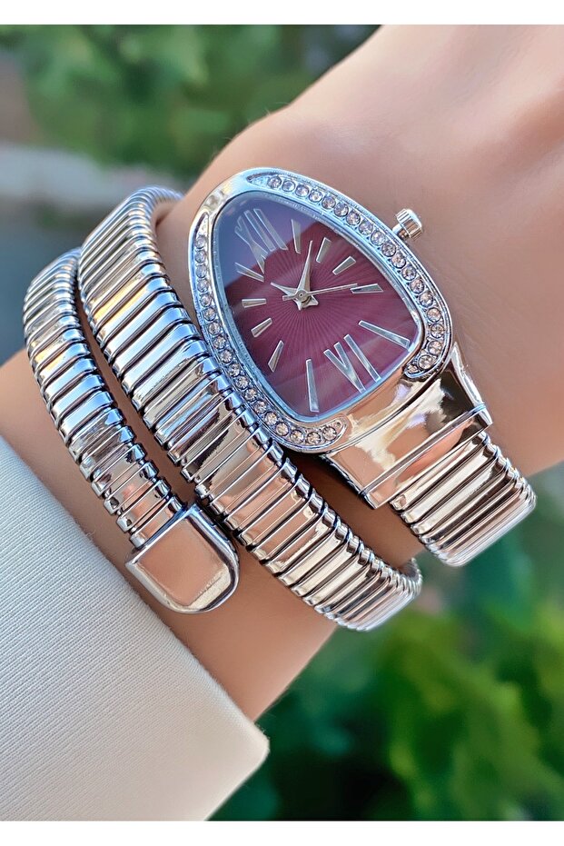 Silver Color Special Design Stone Wrapped Snake Model Women's Wristwatch