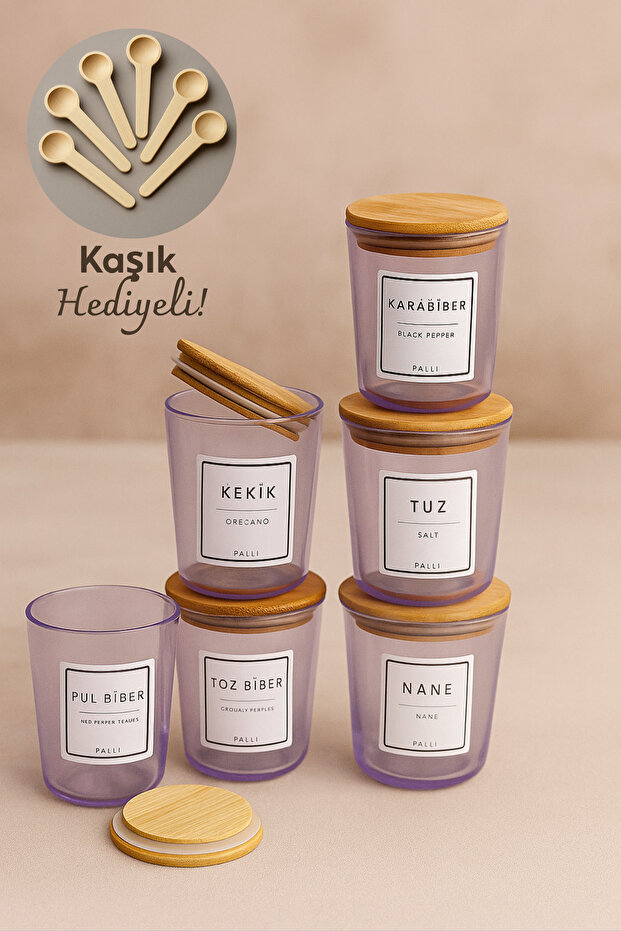 Motto - 6-Piece Bamboo Vacuum Lid Spoon, Label Gift Included, Purple Glass Storage Container Spice Jar Set 315 ml
