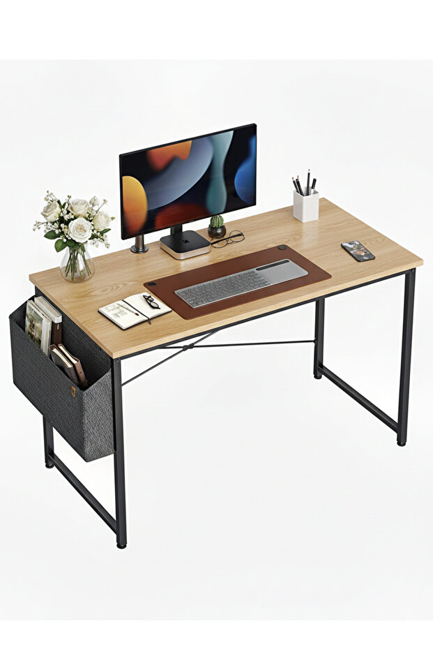 Modern and simple computer desk, desktop table, 100 cm, home workstation, writing and study desk with side bag - 1