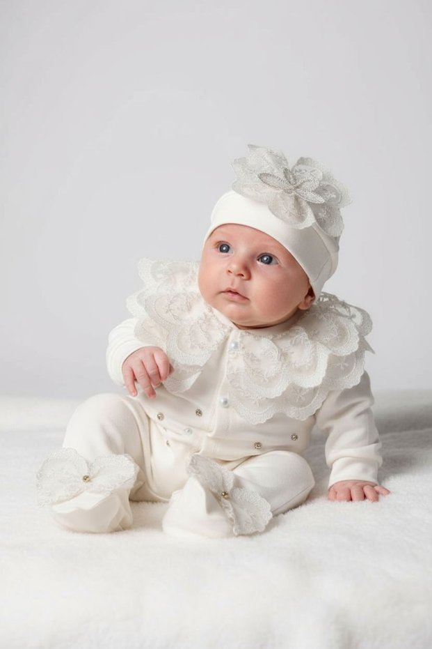Guipure and Pearl Detailed Baby Girl Romper Set, Religious Ceremony Outfit