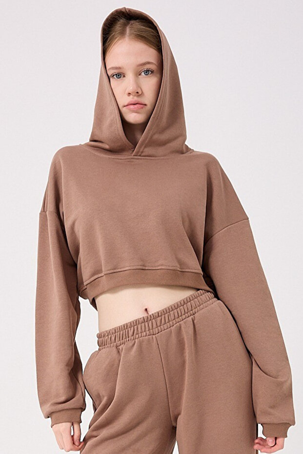 KADIN CROP KAPŞONLU ÜÇ ÜPLİK BASIC SWEATSHİRT - 7