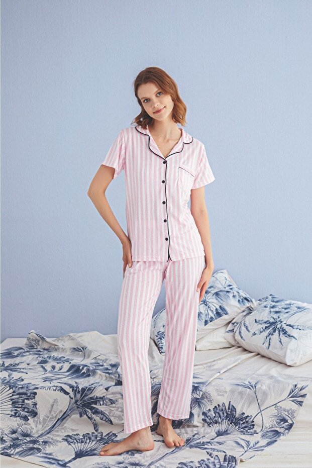 طقم بيجامة فيسكوز بأزرار - 2