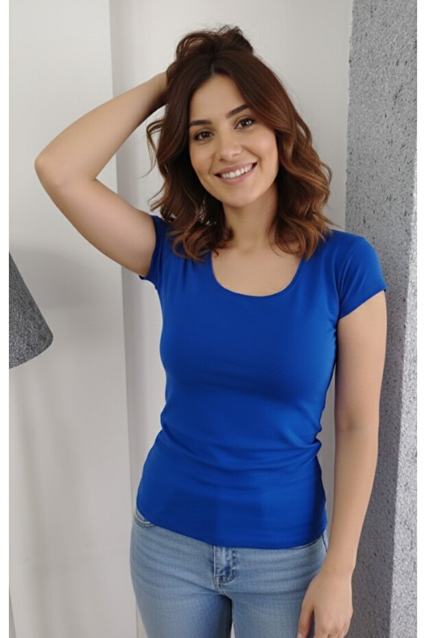 Women's Short Sleeve Square Neck Sax Blue Body T-Shirt