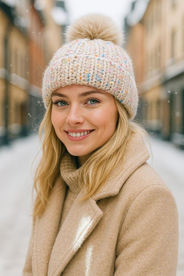Beige Pompom Knitted Women's Beanie