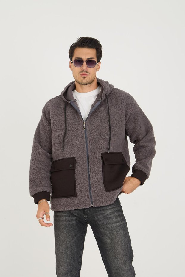 Men's Zippered Oversize Hooded Smoked Plush Jacket with Pockets