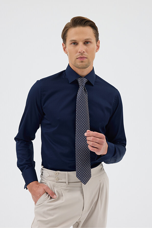 Double Cuff Comfort Fit 100% Cotton Navy Blue Men's Shirt