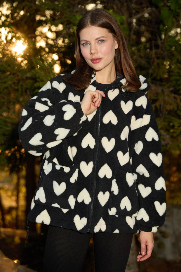 Heart Patterned Plush Coat - 1