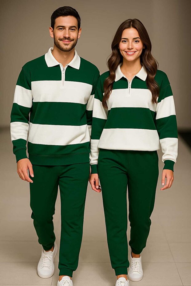 Unisex Green and White Polo Collar Half Zipper Top and Bottom Tracksuit Set