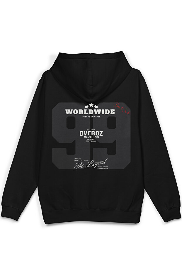 99 Sırt Printed Hooded Yarı Oversized Sweatshirt Black Hoodie 1408