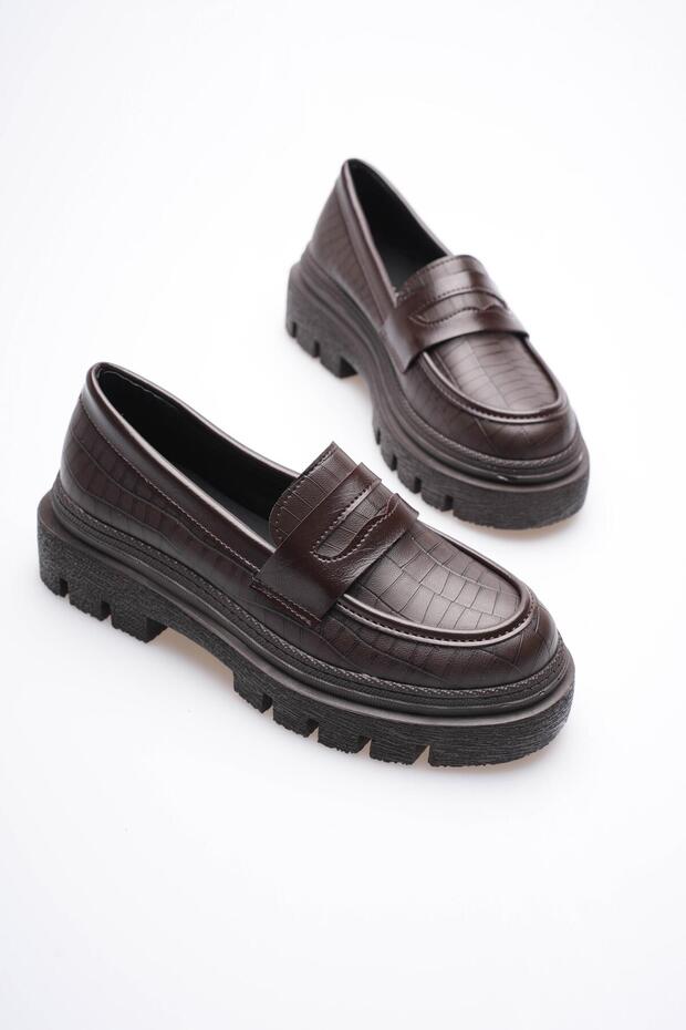 Women's Leather Loafer Oxford Crocodile Patterned Thick Comfort Sole Brown Carmin