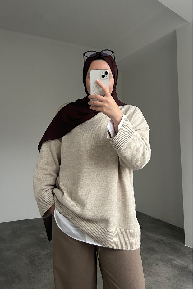 Women's Crew Neck Oversized Knitwear Tunic Sweater Cream