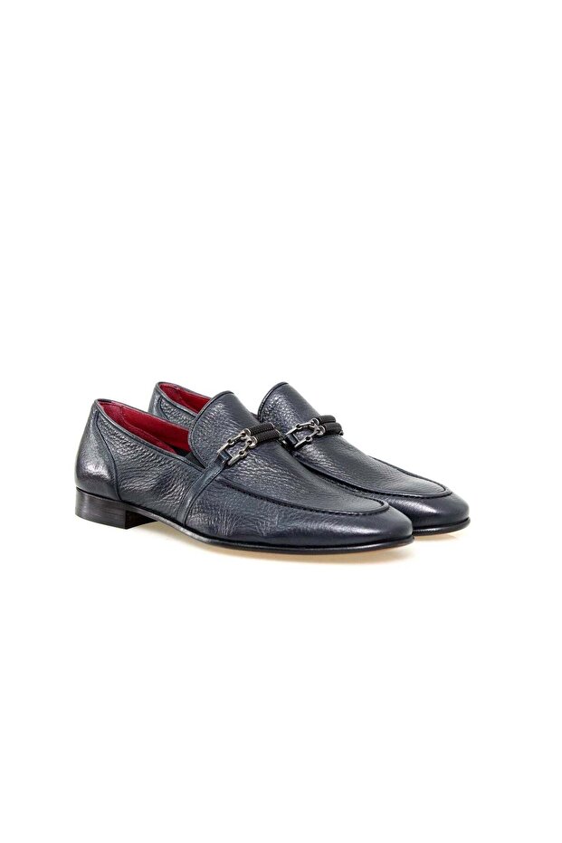 Dark Blue Color Laceless Genuine Leather Men's Shoes