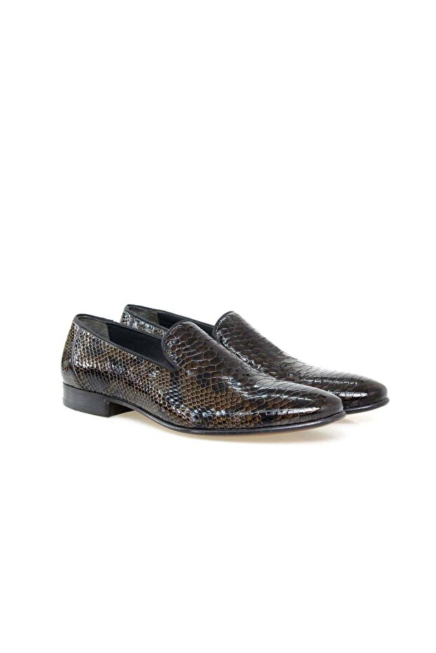 Green Color Laceless Snake Print Genuine Leather Men's Shoes