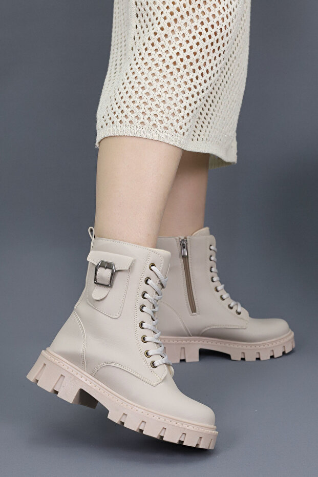 Women's Lace-Up Zippered Pocket Buckle Thick Sole Boots Winter Waterproof 501