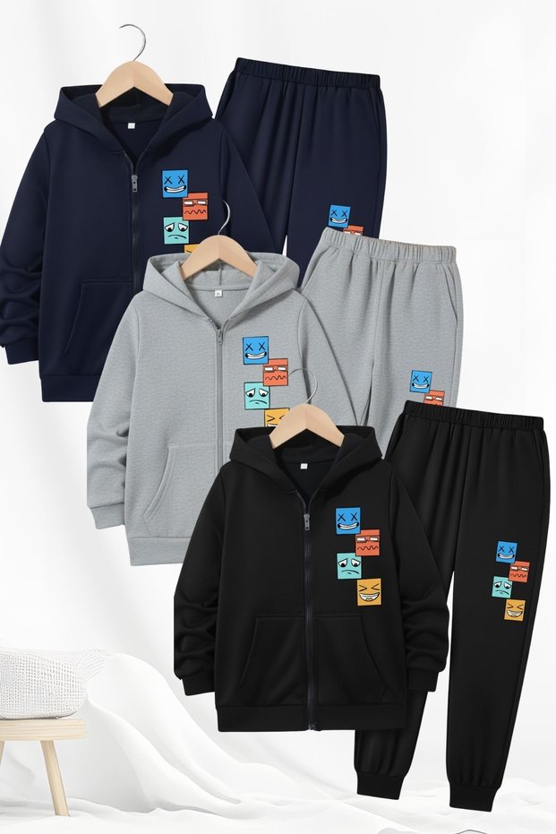 3 Thread Thick Winter Changing Face B Printed Zippered K Hooded 3-Piece Boys' Tracksuit Set