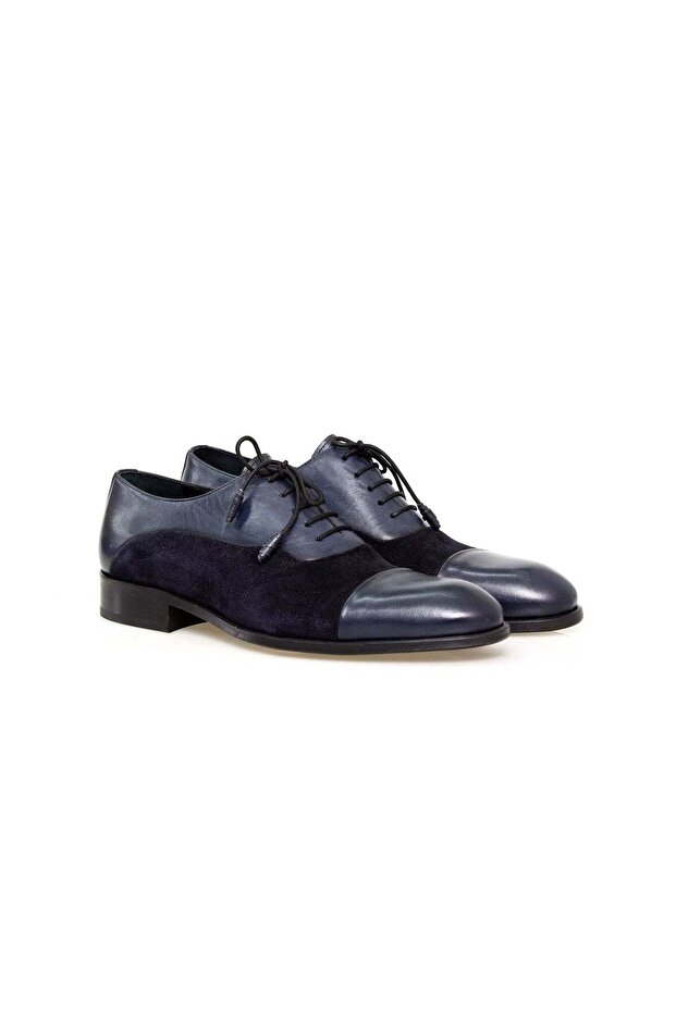 Dark Blue Color Lace-Up Genuine Leather Men's Shoes