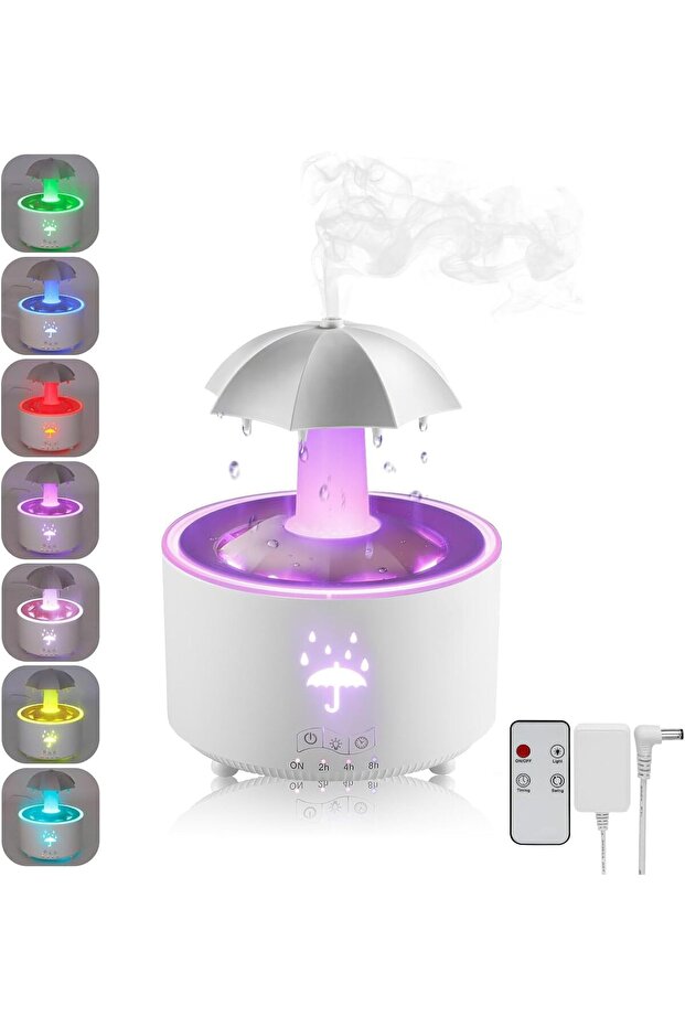 Humidifier for Bedroom, Rotating Umbrella Diffuser with Rain Drop Effect, 7-Color LED, 300ML, White