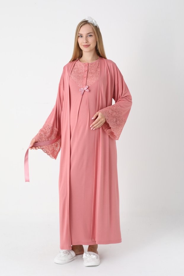 Women's Special Lace Detailed Full Length Design Winter Long Sleeve Maternity Dressing Gown Nightgown Set