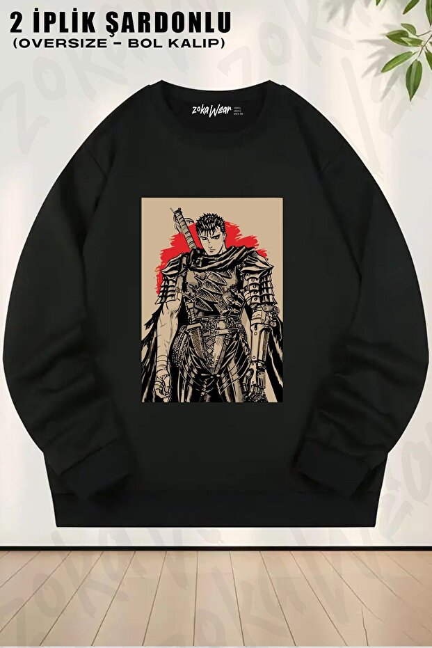 Unisex Berserk Guts (Drawing) Anime Character Printed Oversized Crew Neck Sweatshirt